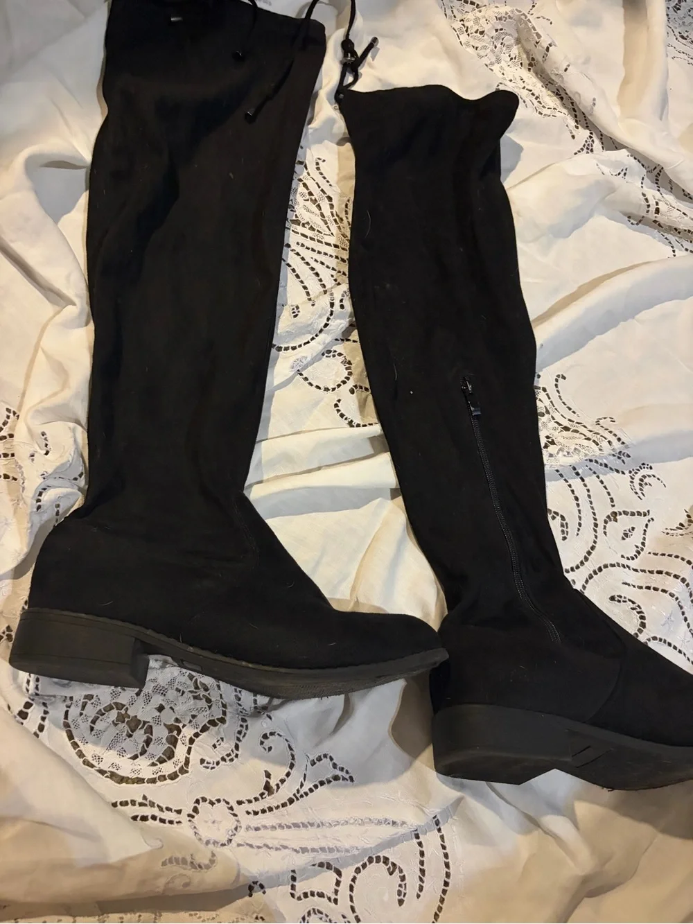 Black Over-the-Knee Stretch Boots with Low Block Heel